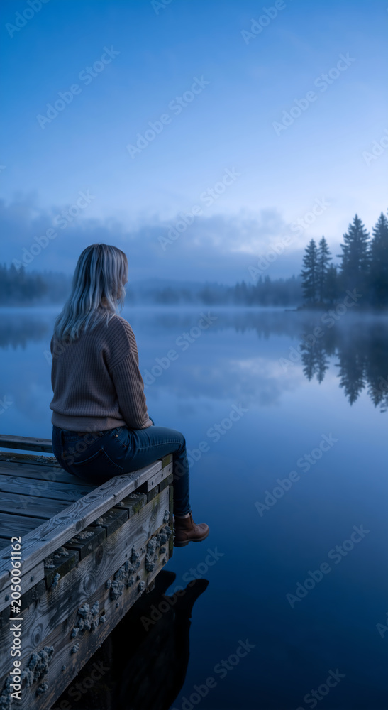 Obraz premium Rear view of a blonde woman sitting on a wooden dock. Vertical photo of a female looking at a misty lake at dawn. Solitude and nature concept