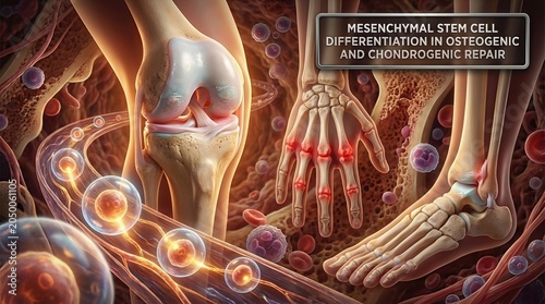Mesenchymal stem cell differentiation, supporting osteogenic chondrogenic repair, promoting skeletal regeneration, healing human joint tissue, crucial medical biotechnology concept.