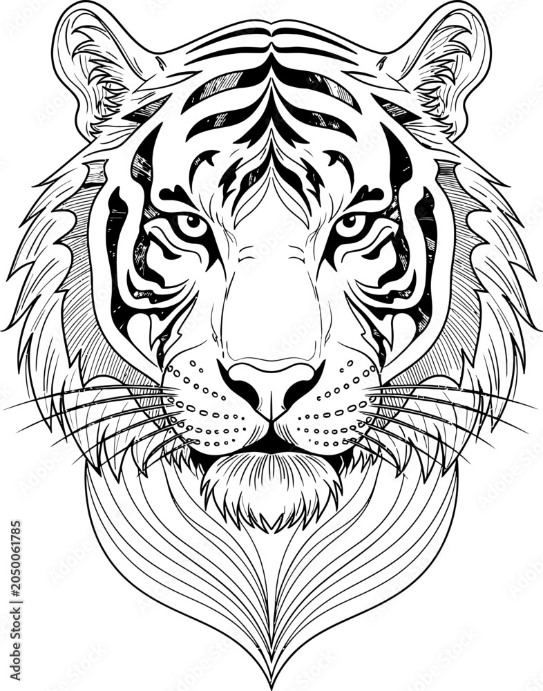 Obraz premium Tiger head silhouette with flowing mane during a stylized depiction isolated on white background