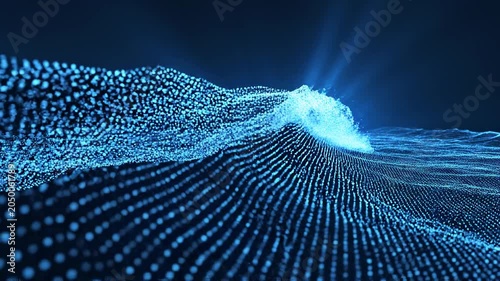 Abstract Digital Wave Form Particles Flowing Through Dark Space.