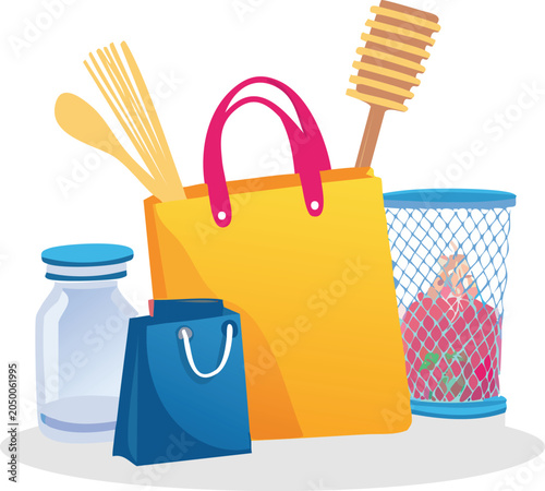 Shopping bag icons with groceries and kitchen items on a simple tabletop scene
