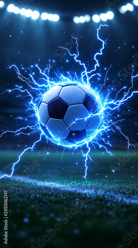  Football and World Cup Concept soccer ball hitting goal net in stadium lights
