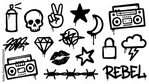 Foto Graffiti style icons spray can, skull, peace sign, star, moon, boombox, diamond,