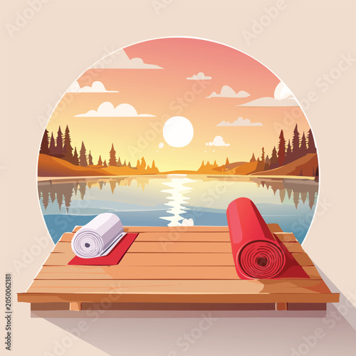 Canoe camping scene with rolled blanket, lantern, and serene lake sunset landscape inside a circular frame