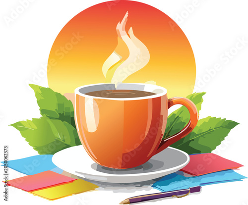 Coffee cup with steaming crema, colorful leaves, and layered papers beside a pencil
