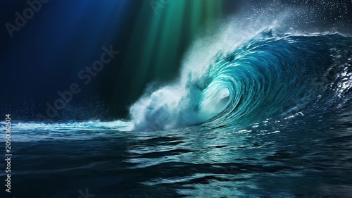 Majestic Ocean Wave Crashing with Ethereal Light Beams.