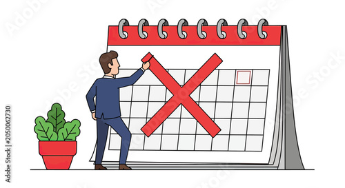 Businessman marking a red cross on a large calendar.