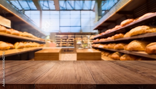 empty wooden table with blurred bakery display background