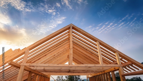wood roof trusses construction sky background natural light building process structure