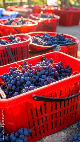Grape harvest in red baskets.