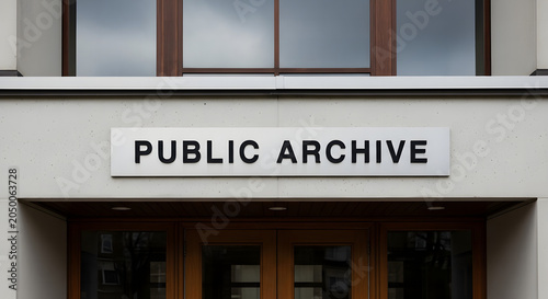 Minimalist public archive building entrance sign with block lettering on a white concrete facade.