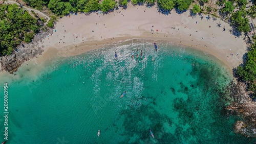 Aerial view beautiful Freedom Beach in Phuket Thailand, Landscape of patong city phuket in sunny summer day time, Beautiful tropical sea,High angle view Sea beach Sunset in the evening