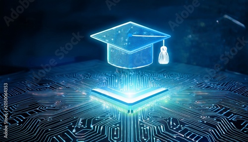 futuristic graduation cap hovers above glowing circuit board symbolizing tech driven education