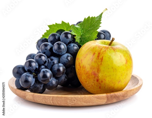 Grapes and Apple on Wood.