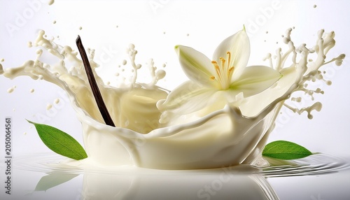 vanilla cream milk splash with floral decor on white background