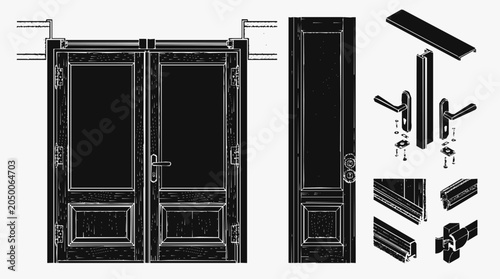 Technical Door Hardware and Architectural Installation Blueprint showing detailed wooden entrance components and assembly diagrams