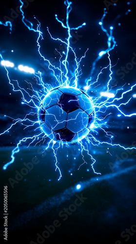  Football and World Cup Concept soccer ball hitting goal net in stadium lights