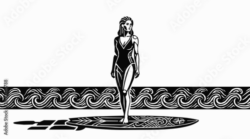 Stylish Black and White Woodcut Illustration of a Woman Surfer Balancing on a Patterned Surfboard with Stylized Ocean Waves Border
