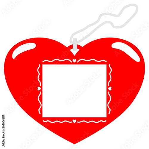 A red heart shaped keychain illustration with a white square photo frame mockup