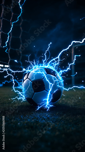  Football and World Cup Concept soccer ball hitting goal net in stadium lights