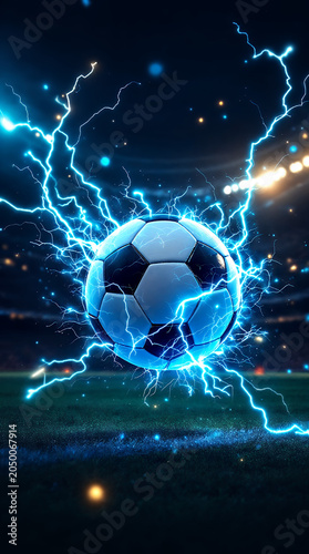  Football and World Cup Concept soccer ball hitting goal net in stadium lights