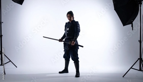 Modern ninja warrior in tactical gear with katana sword.
