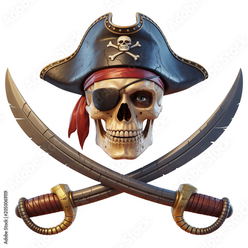 Pirate skull with crossed swords and hat isolated on transparent background