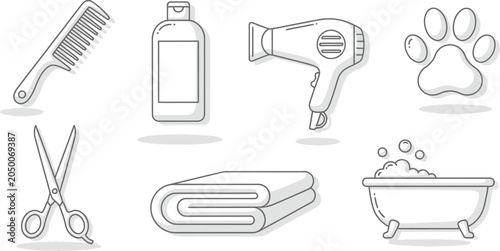 Pet grooming tools and accessories for dog care, including comb, shampoo, hair dryer, paw print, scissors, towel, and bathtub with bubbles, for pet salon or home use