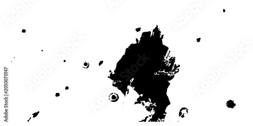Fotografie A stark, abstract black ink splotch dominates the frame against a clean white background, interspersed with smaller, scattered dots, creating a minimalist graphic design element