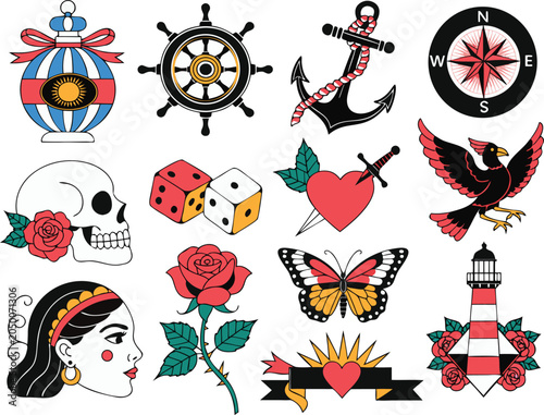 Collection of traditional old-school tattoo designs, colorful vintage flash art including skull, rose, anchor, compass, and butterfly, retro nautical and classic tattoo parlor elements set