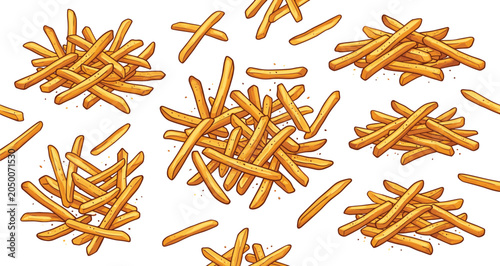 Crispy French Fries Vector Illustration Set with Golden Potato Fry Piles and Scattered Sticks for Fast Food Restaurant Menu and Product Packaging Designs