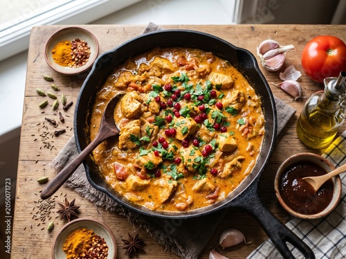 Delicious chicken curry in a black pan with ingredients