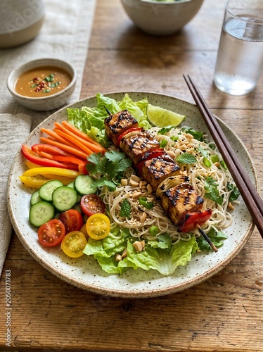 Delicious salad with grilled meat and vegetables on a plate