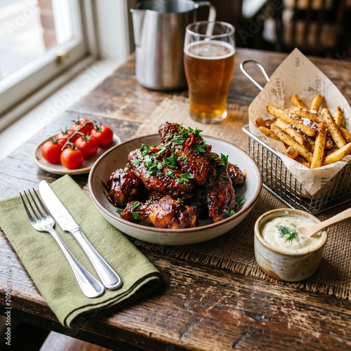 Delicious food on a wooden table with fries and drink