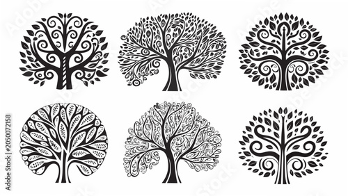 Bild auf Leinwand Six Intricate Tree Designs Black And White Vector Illustrations On A White Backg