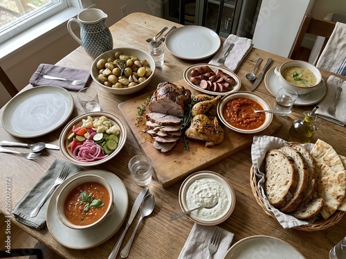 Variety of food on a table with bowls and plates