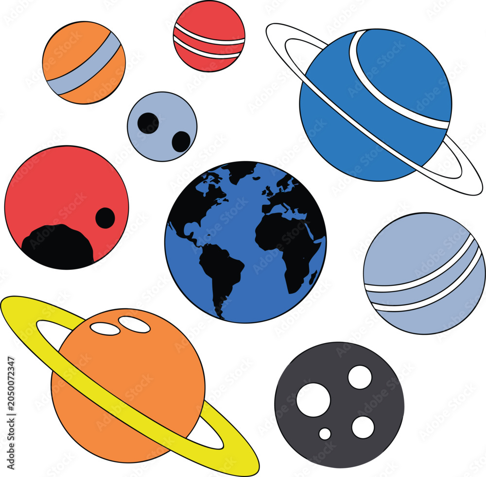 Obraz premium Set of colorful cartoon planets and celestial bodies of different sizes, including Earth and ringed planets. Playful vector illustration for space education, astronomy projects, and kids' creative des