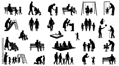 Family and Children Park Activity Silhouette Set — Parents, Kids, Playground, Bench and Outdoor Scene Figures
