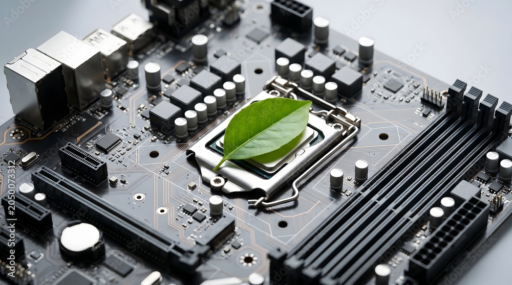 Fototapeta premium Green leaf on computer motherboard CPU socket symbolizing eco-friendly technology