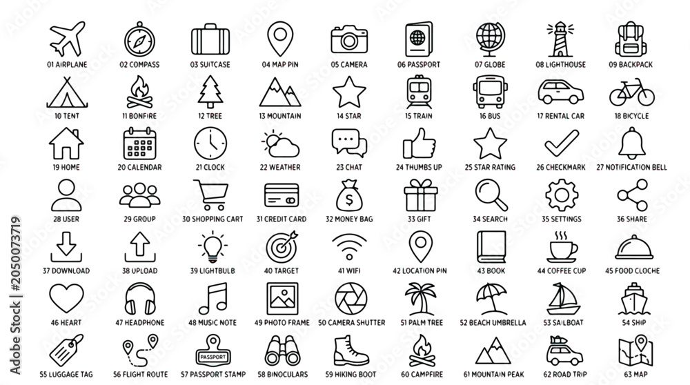 Obraz premium Collection of various travel and navigation icons in line style