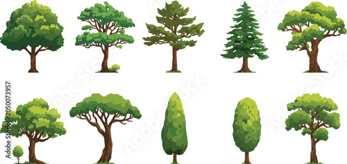 Photos Realistic Green Tree Vector Icons Set Featuring Pine Oak Cedar and Cypress Varie