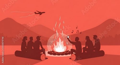 Group of friends enjoy campfire and music in mountains