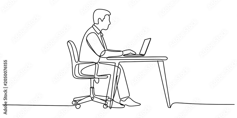 Fototapeta premium Continuous single line drawing of a man sitting at a desk working on a laptop computer Vector, illustration