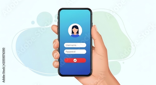 Hand holding smartphone showing user login screen interface