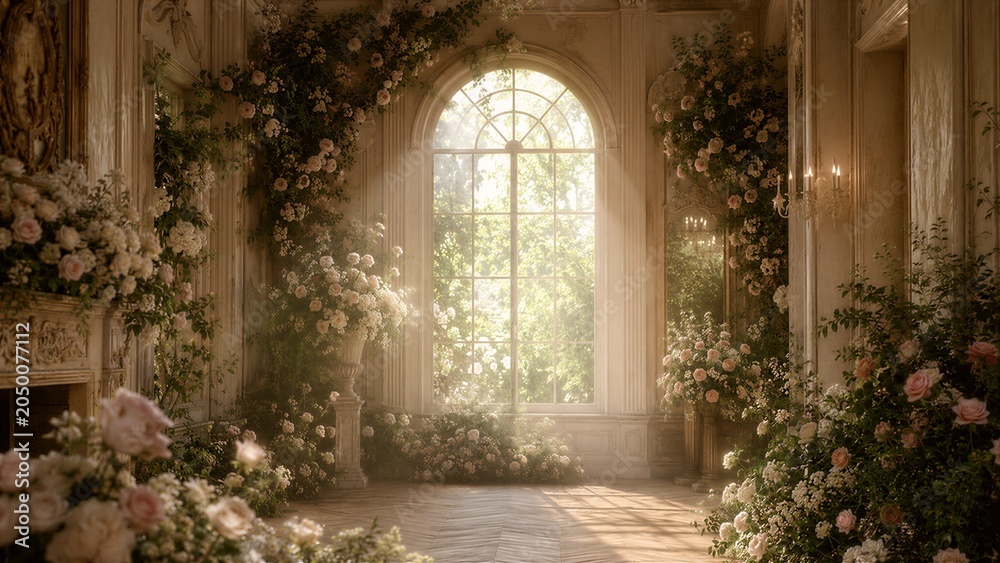 Fototapeta premium An elegant room filled with lush floral arrangements and natural light streaming through a large arched window. The soft, romantic ambiance suggests a beautiful wedding or special event setting