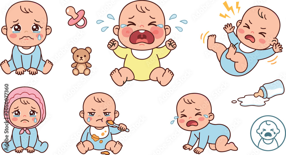 Naklejka premium Crying Baby Cartoon Character Mascot Vector Set with Sad Infant Toddler Tantrum Expressions Spill Milk Pacifier and Messy Feeding Emotions