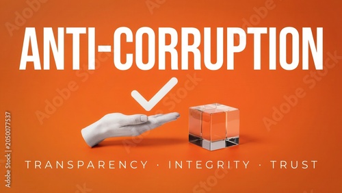 A hand pointing to a box with a checkmark symbolizes Anti-Corruption through Transparency and Integrity.