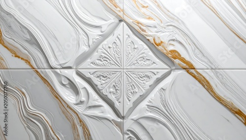 Ornate white relief tile pattern with gold marble veins.