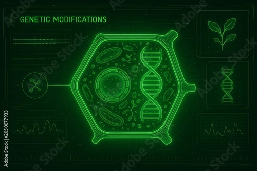 Futuristic digital interface showing plant cell genetic engineering with glowing green DNA strands biotechnology concept illustration graphic design banner background