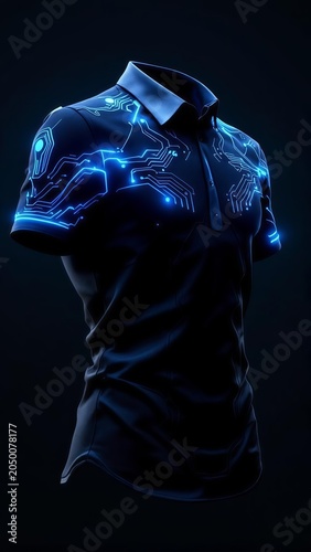 Futuristic black polo shirt design with glowing blue neon cyber circuit board patterns printed on the shoulders